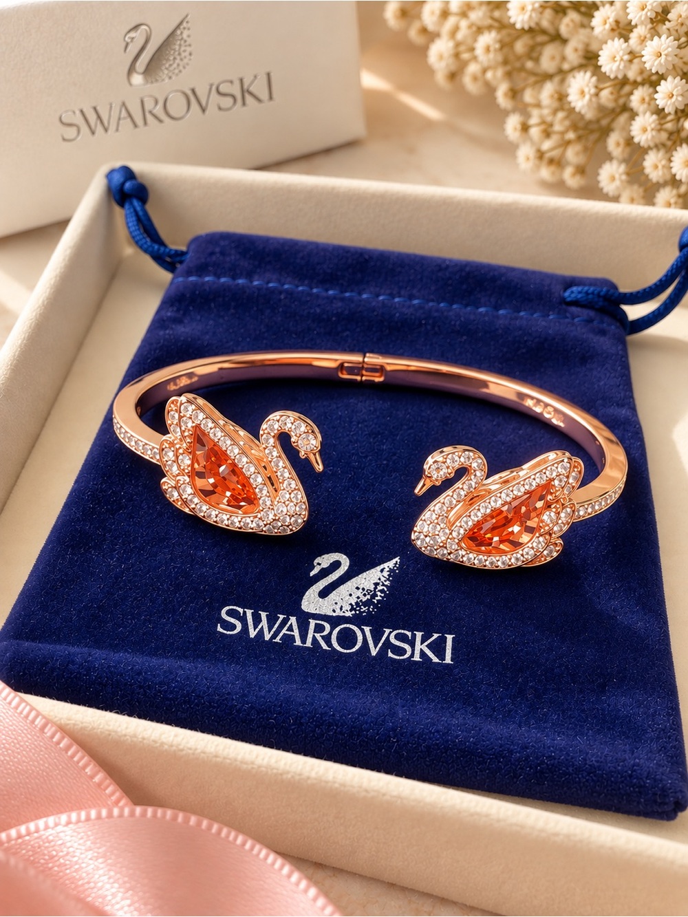 Swarovski Rose Gold Swan Cuff with Orange Crystals